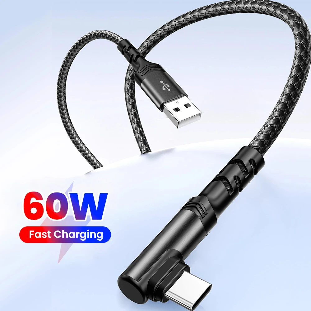60w USB C Cable USB to Type-C Fast Charging Elbow Mobile Game Data Wire For iPhone 15-17 Xiaomi Huawei Samsung Oneplus Cellphone