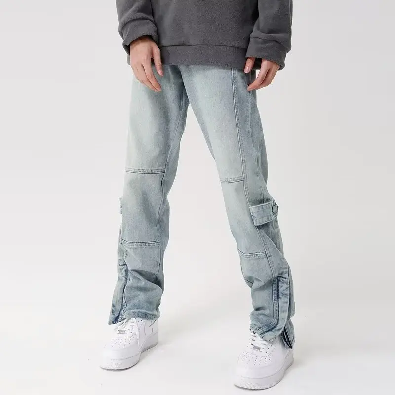 2026 Cyber Y2K Mode Gewaschene Blaue Baggy Jeans für Herren – Knöchelreißverschluss, Gerade geschnittene Old-Denim-Hose, Pantalones Hombre – Detail 11