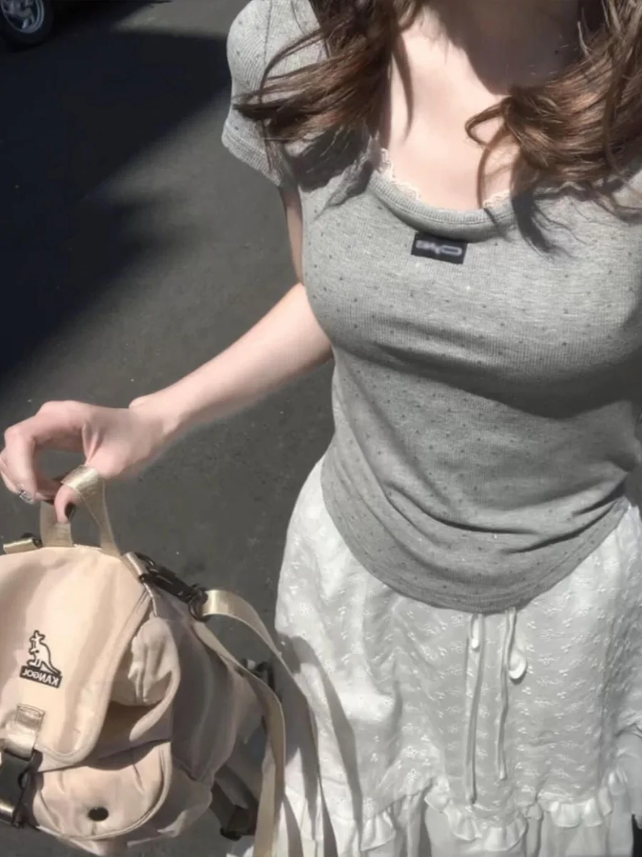 ay U-Ne Lace ort Sve T-irt Donna Estate Slim Fit ort Lunghezza Appeso Ne Base irt Coreano Sle Pendolarismo Vento