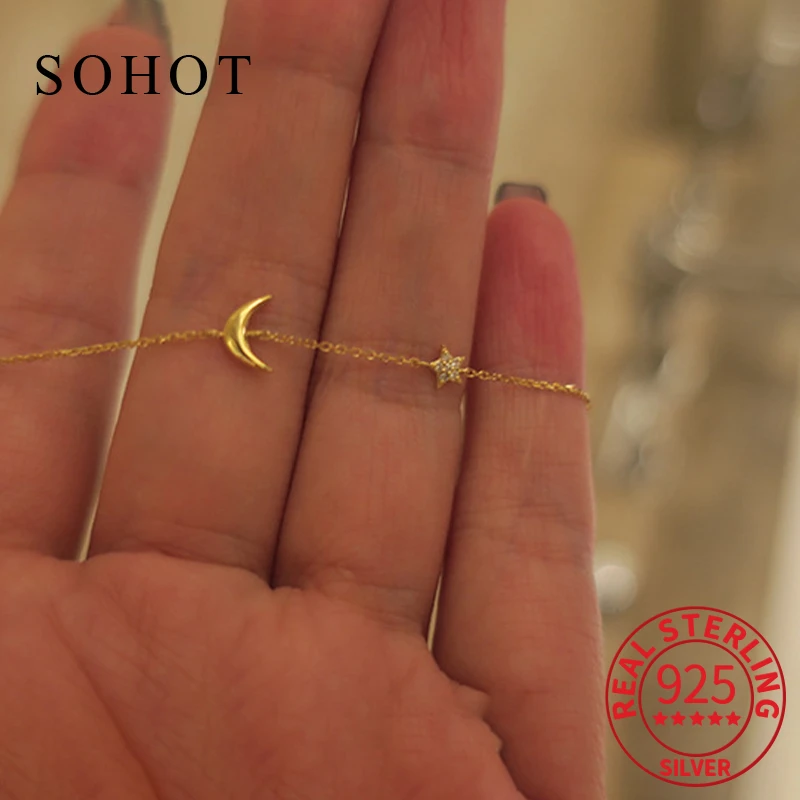 

Real 925 Sterling Silver Zircon Star Moon Bracelets for Fashion Women Cute Fine Jewelry Minimalist Light Luxury Accessories