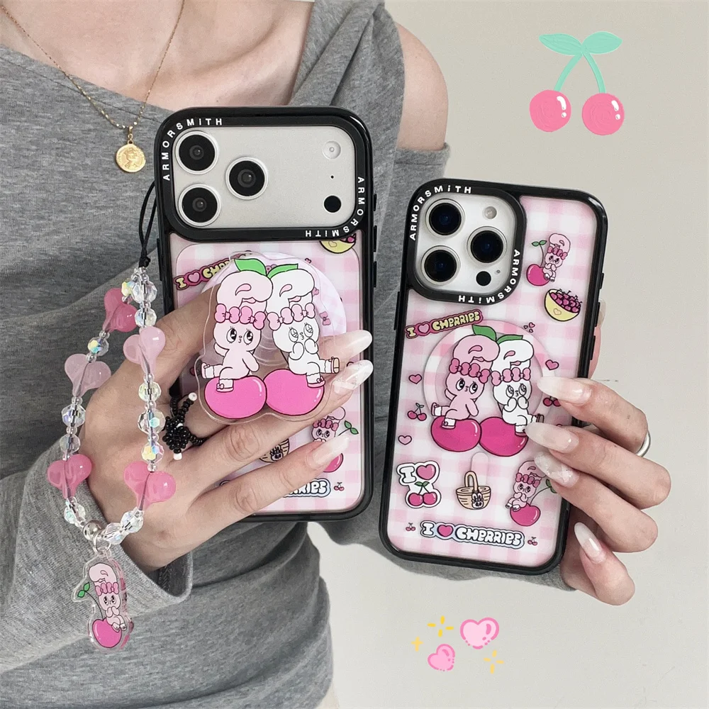 

Cute Cherry 3D Bunny With Magsafe Stand Phone Case for iPhone 17 Pro 16 E 15 plus 14 13 12 11 16 Pro Max Fundas Protective Cover