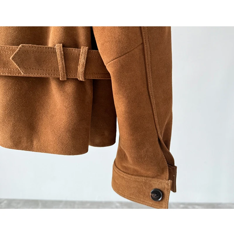 Imported A-level Goatskin Women's Kid Suede Jacket 2025 Fall Fashion Belt Pockets Female Real Leather Suede Short Jacket Tops