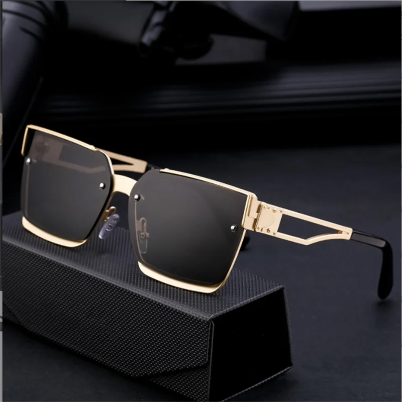 New big frame square sunglasses Men's all-metal luxury brand glasses gold plated film UV protection 400