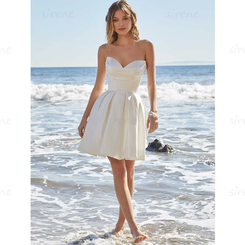 

Beach Short Sweetheart Wedding Dresses For Women 2024 A-Line White Backless Satin Strapless Pleat Bridal Gowns Vestido De Novia