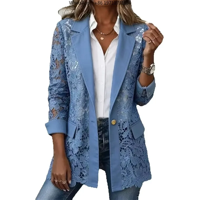 Women Lapel Long Coat Hollow Floral   Spliced Slim Fit Long Sleeve Single Button Casual Streetwear