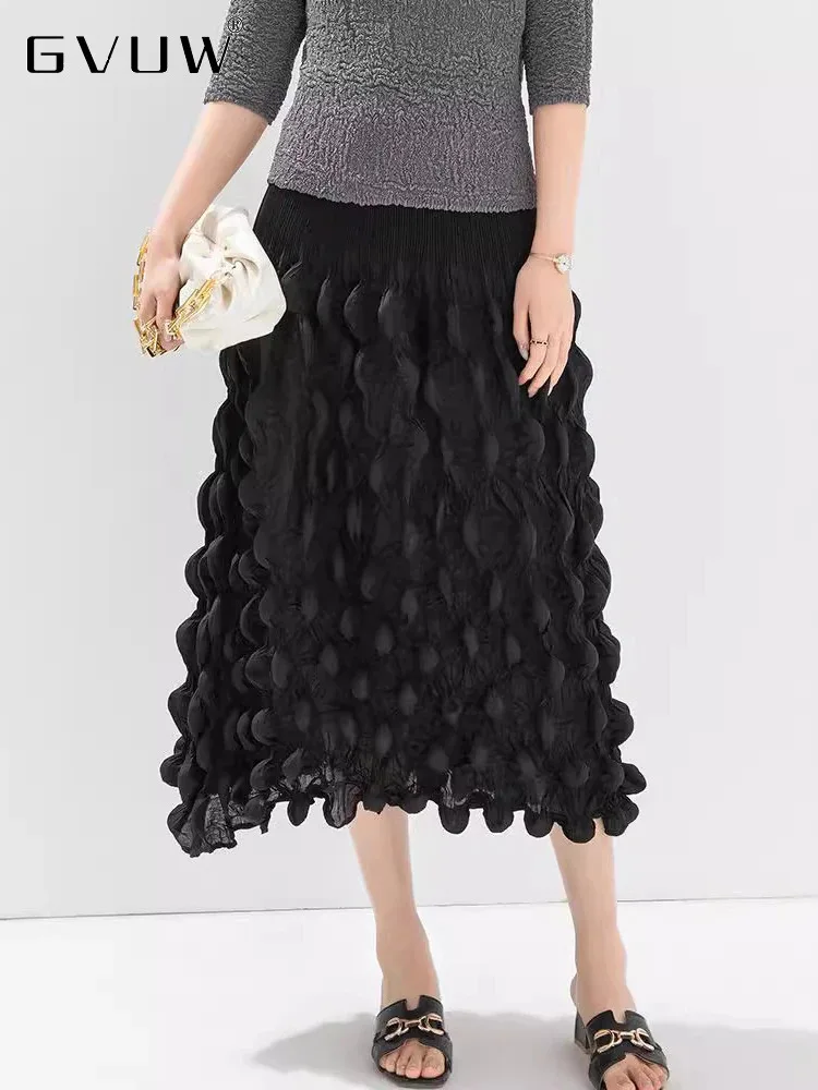 GVUW Pleated Chic Style Skirt Women Elastic Waist A Line Solid Color New 2024 Versatile Female Loose Fashion Skirts 17G8523