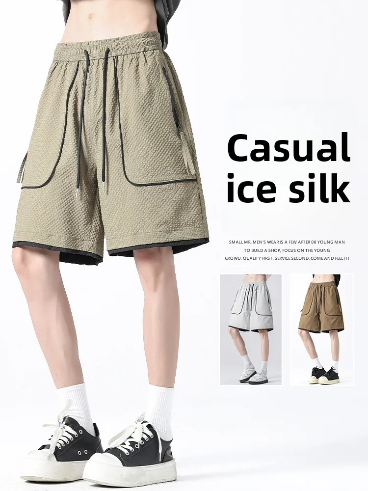 

New 2026 Men's Summer Thin Ice Silk Casual Loose Straight Leg Wide Leg Five-Quarter Pants Faionable American Brand Cool Fee...