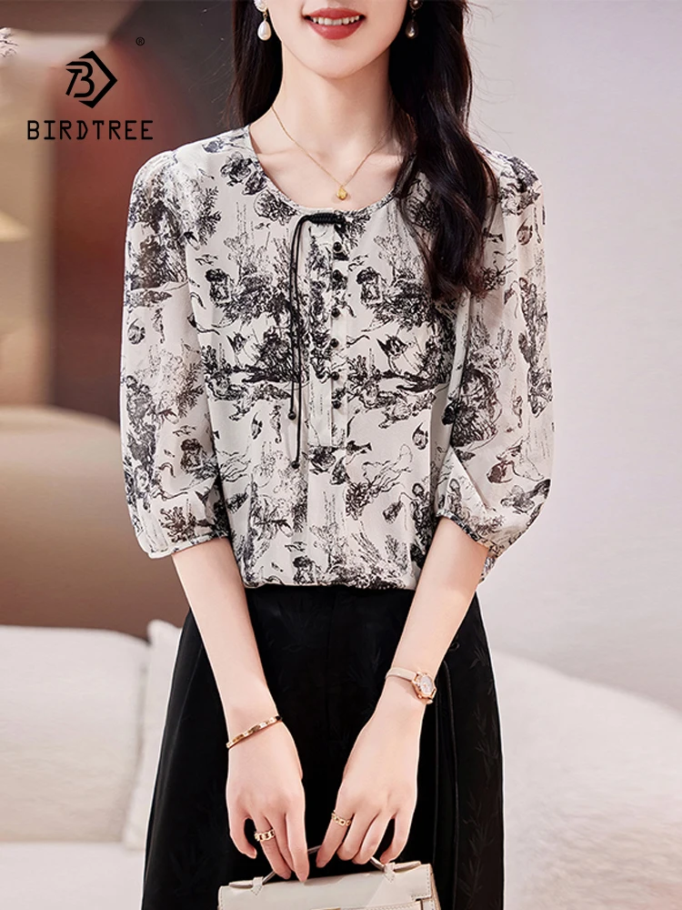 

BirdTree, 100%Real Silk Elegant Shirt, Women Half Sleeve O Neck Printed, Loose Chinese Versatile Mom Tops, 2024 Summer T46431QC