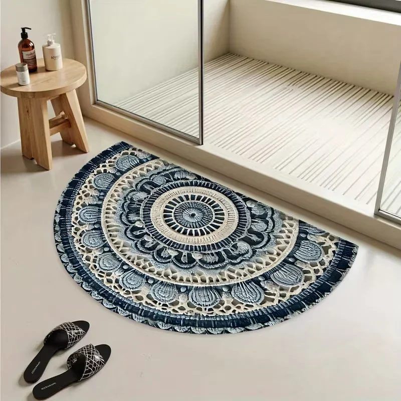 Classic Navy Blue Mandala Pattern Semi Circle Doormat Vintage Royal Floral Rug Elegant Entrance Floor Mat For Luxury Decor