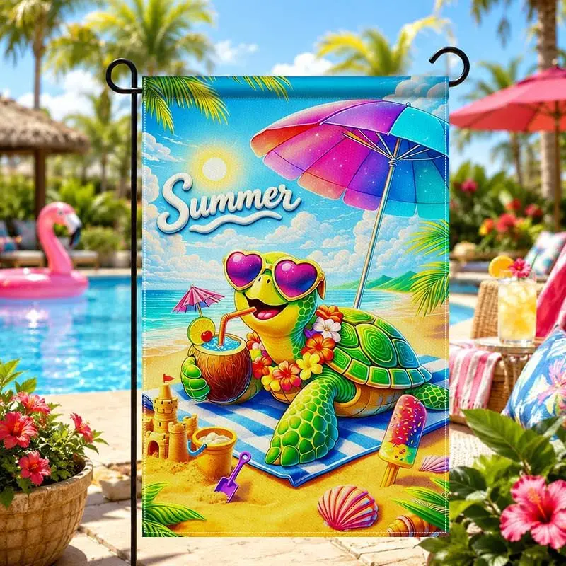 IVN Burlap Garden Flags 12x18 Inch Double Sided Summer Beach Yard Flags Cute Turtle Coconut Drink Umbrella Sunglasses Linen jjp