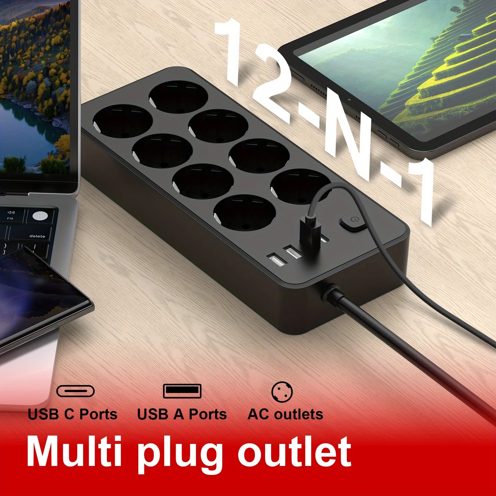 Power Strip 8 EU Plug with 3 USB A+1 USB C, Power Strip with Switch and Electrical Extension,for Phone, Pad, for Office, Home