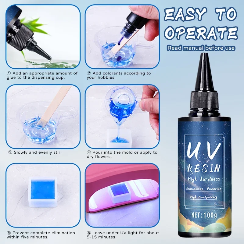 UV-Harzkleber für DIY-Schmuck, Epoxidharz und UV-Lampe, hohe Transparenz, schnell trocknend, hohe Härte, 20 g, 50 g, 100 g, 250 g, 1000 g