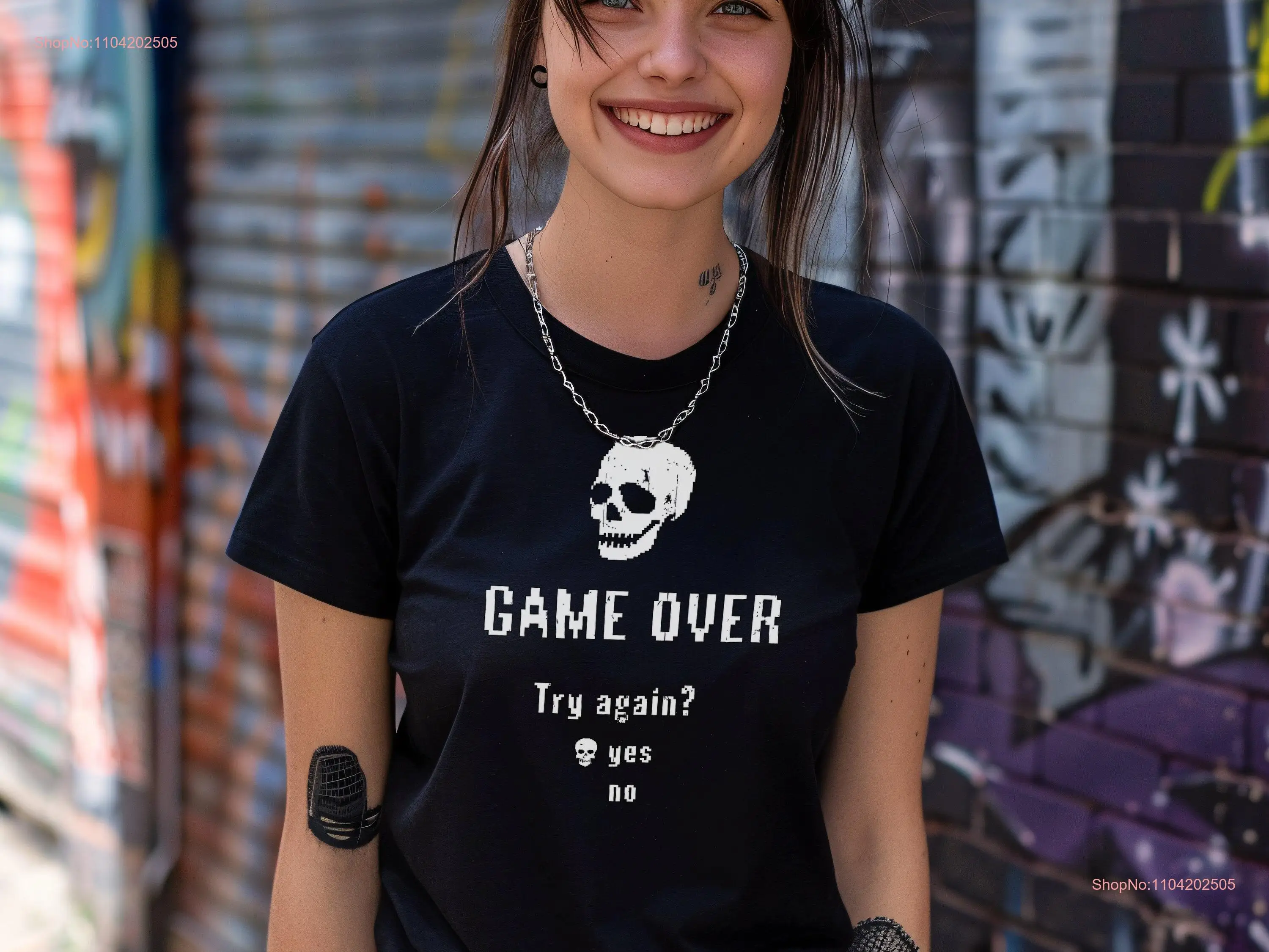 Retro Gaming Skull T Shirt Game Over Try Again Pixel Art Gamer Goth Aesthetic Video Fashion Size S 3XL