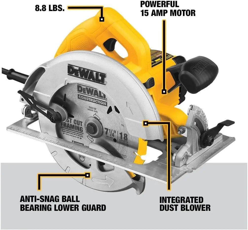 منشار دائري DEWALT مقاس 7-1/4 بوصة، خفيف الوزن، سلكي (DWE575)