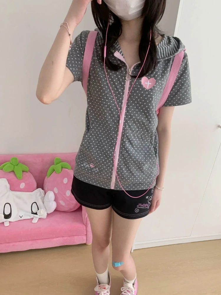 Japanese Kawaii Sweet Polka Dot Short Sleeve T-Shirts Women Summer Hepburn Casual Vintage Spicy Girl Zipper Hooded Cardigan