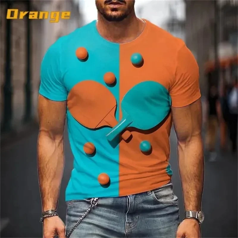 Pingpong Pattern T-Shirt Men's Table Tennis Sports 3D Printing Tee Shirts Summer Casual Round Neck Short-Sleeved Loose Tees Tops