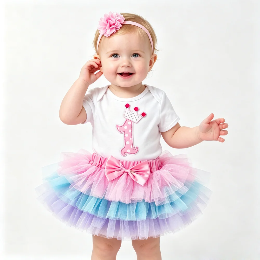 Baby Girl 1st Birthday Party Outfit with Crown Romper Rainbow Tulle Tutu Skirt And Flower Headband Toddler Costume Photo Shoot