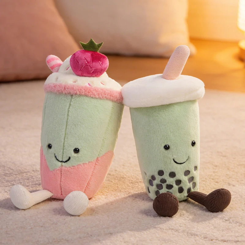 Adorable Coussin en Peluche en Forme de Tasse de Thé au Lait Vert Matcha Rose avec Petite Perle Décorative, Poupée Amusante et Mignonne pour la Maison