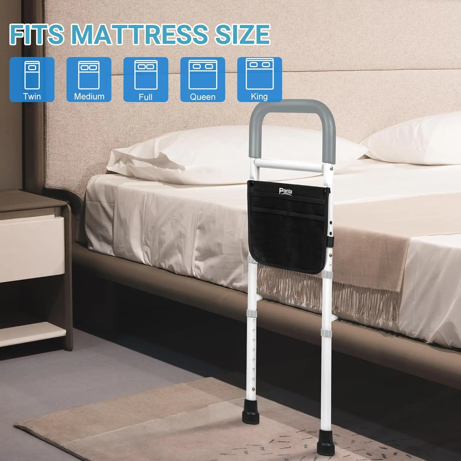 Adjustable Bed Assist Rails for Seniors, Bed Side Rails with Support Legs and Storage Pocket, Portable Bed Cane