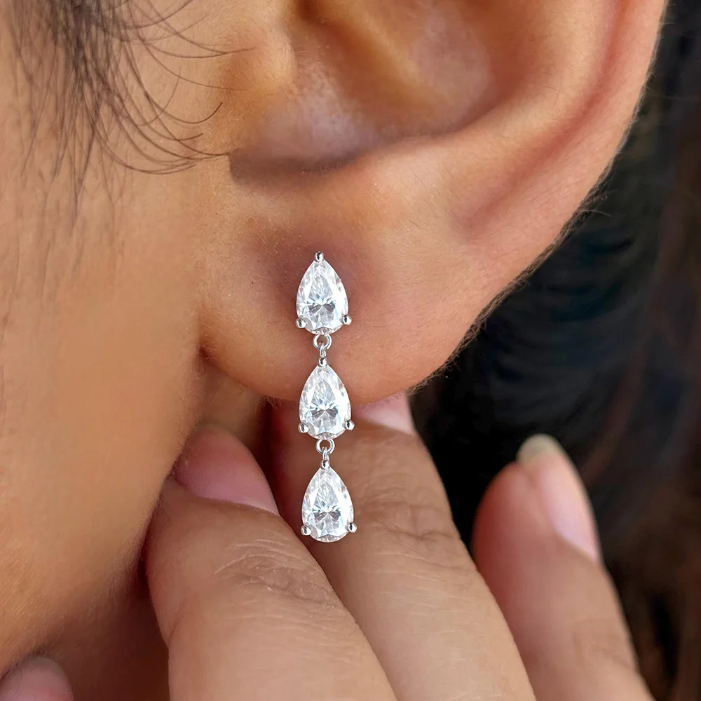 

3-Stones Full Moissanite Drop Earring for Women Bridal Wedding 925 Sterling Silver Pear Cut Lab Diamond Earrings Wedding Jewelry