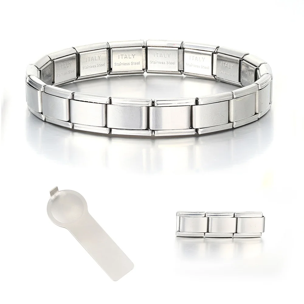 Aço inoxidável Pulseira Italiana Encantos, Elástico Link Bangle, Cadeia Mão, Módulo DIY Pulseiras, Fazer Jóias, Ouro DIY Presentes, 9mm Largura