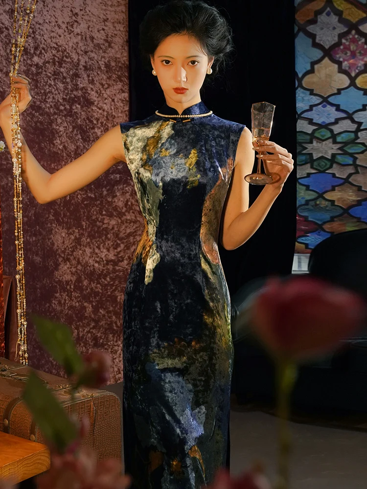 

Ele Blue Maxi Dr Chinese Sle Vintage Daily Svel Long Dr High Split Polyester Fiber Floral Pattern