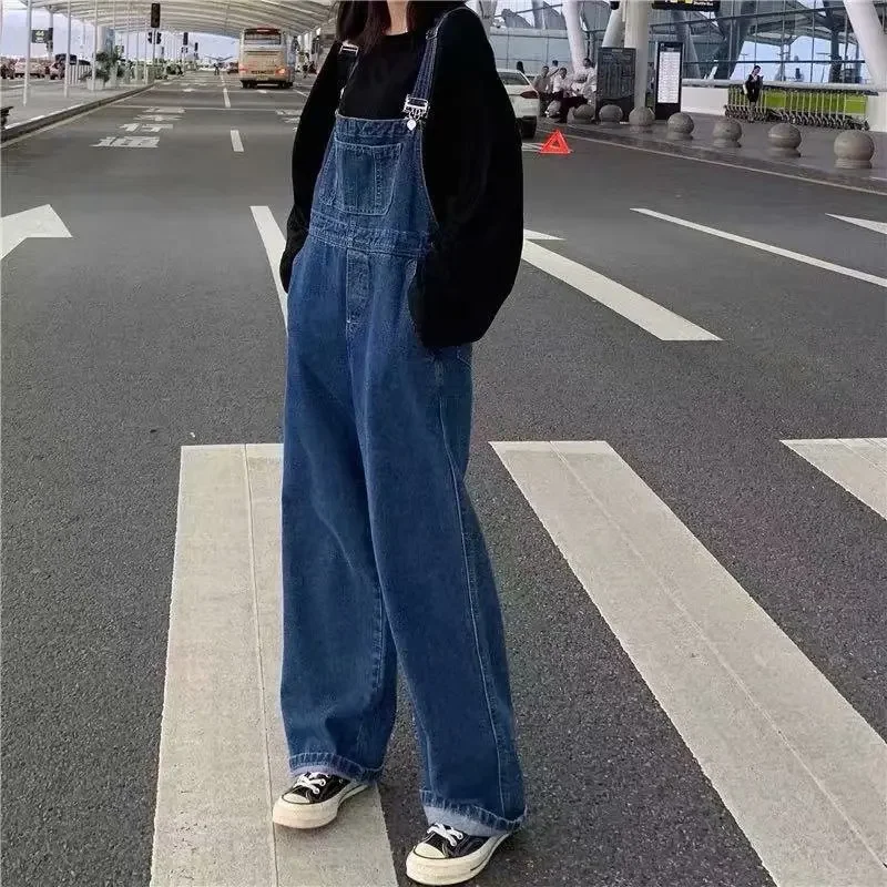 Denim Overalls High Waist Loose Wide Leg Fit Rompers Womens Korean Style Adjustable Shoulder Straps Functional Pockets Jumpsuit