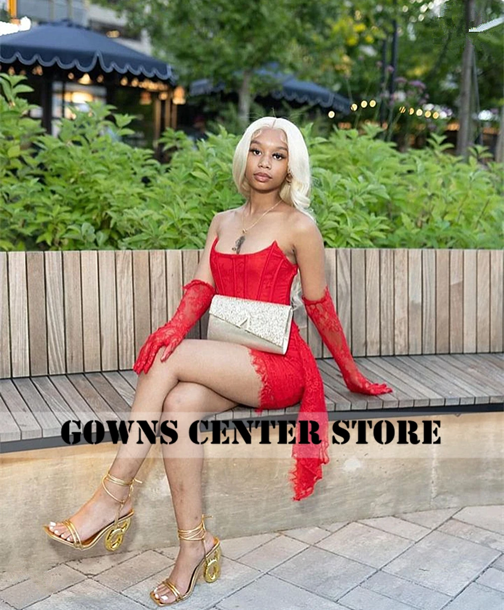 ชุดเดรสหรูหราสำหรับงานวันเกิด2024นางเงือกสีแดงไม่ซ้ำใครชุดงานพรอมสั้นลูกไม้สีดำสำหรับชุดเดรสปาร์ตี้คลับแบบพิเศษ