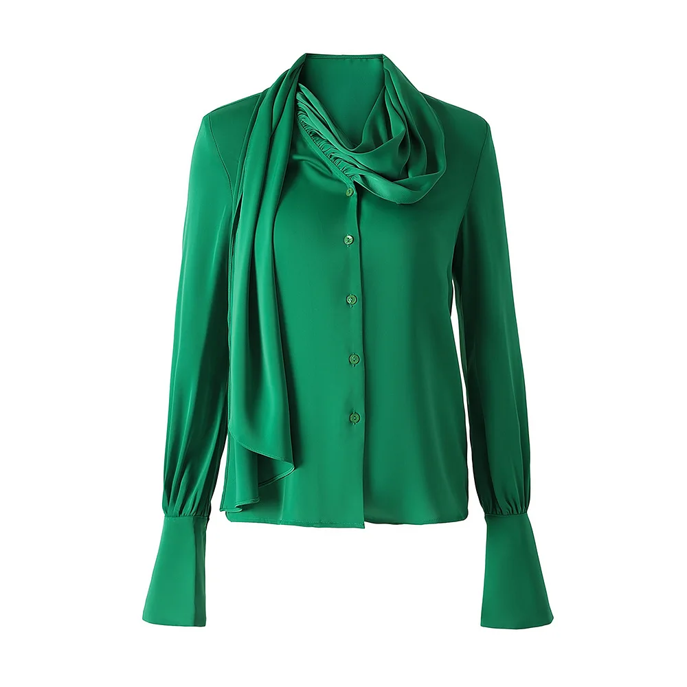 

2024 Spring Newest Lady Office Elegant Green Top Scarf Collar Long Sleeve Single-breasted Women Casual Shirts