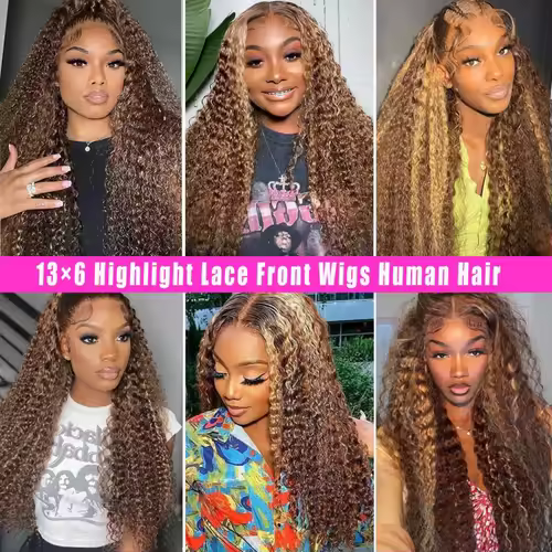 30 Inch Curly Highlight Ombre Lace Front Wig Human Hair Wigs Colored Deep Wave 13X6 Hd Lace Frontal Wig Pre Plucked 250 Density - Image 4