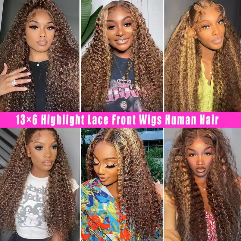 30 Inch Curly Highlight Ombre Lace Front Wig Human Hair Wigs Colored Deep Wave 13X6 Hd Lace Frontal Wig Pre Plucked 250 Density - Image 4