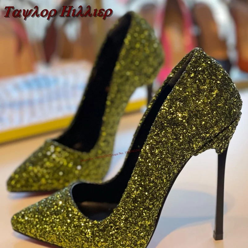 Sexy Nightclub Thin Metal Heel Pumps Pointed Toe Shallow Mouth Glitter High Heels Blingbling Wedding Dress Ladies Shoes Summer