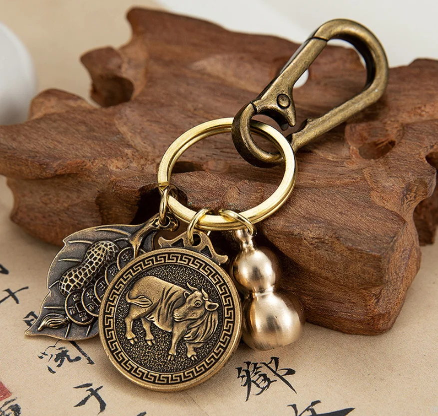 

20pcs Chinese Feng Shui Zodiac Coin Keychain Leaf Fu Brass Gourd Keyring Good Luck Charms Gift Fortune Longevity Wealth Success