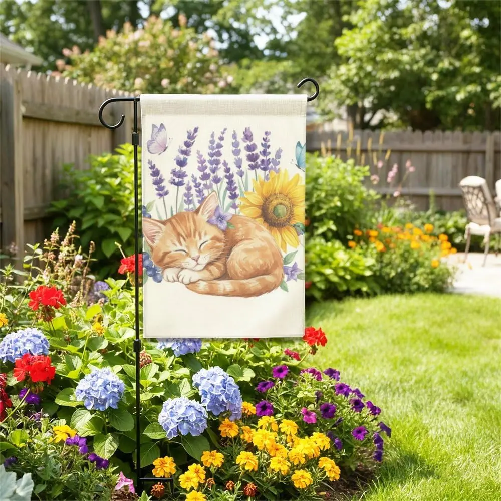 Garden Flag 12X18 Inch Double-Sided, Orange Purple Yellow Cat Flower Yard Banner For All Seasons, House Flags Rustic Yard Ou ZZM
