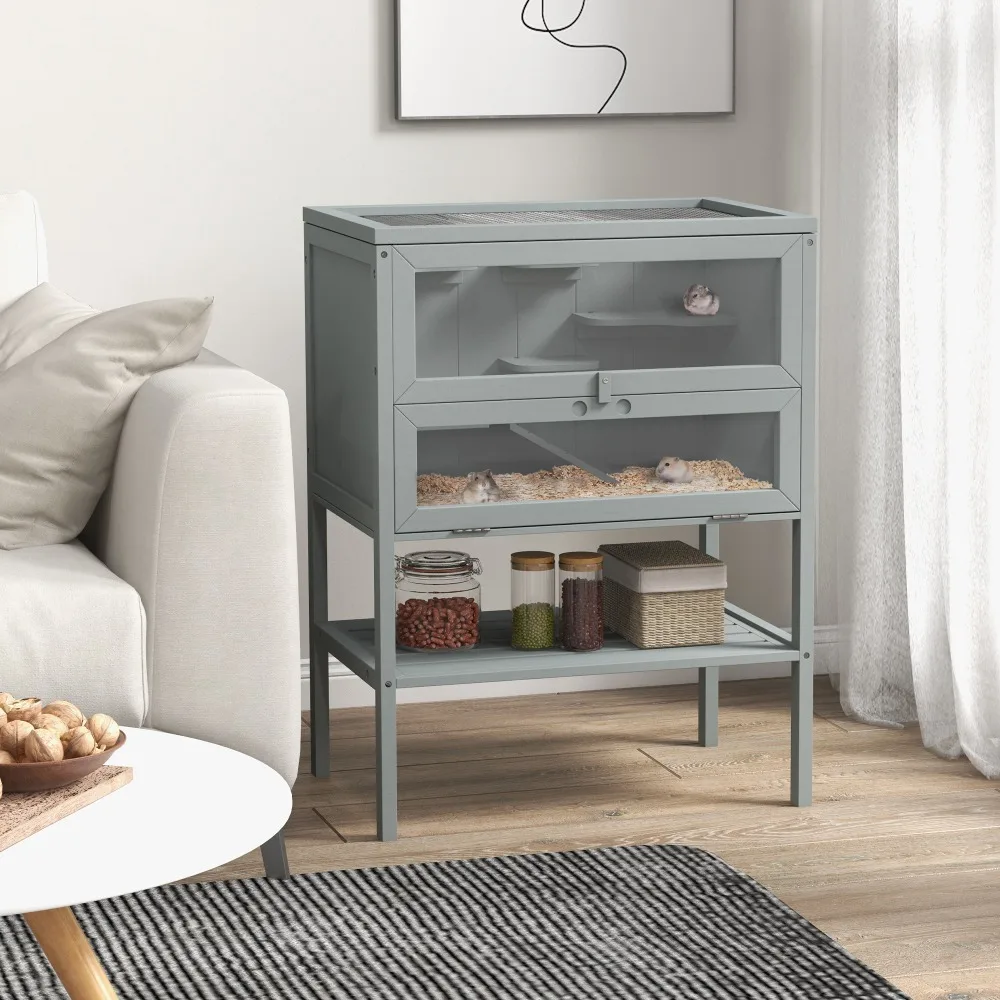 

Gray Elevated Fir Wood Hamster Cage with Ventilated Roof & Storage Shelf – Durable & Spacious