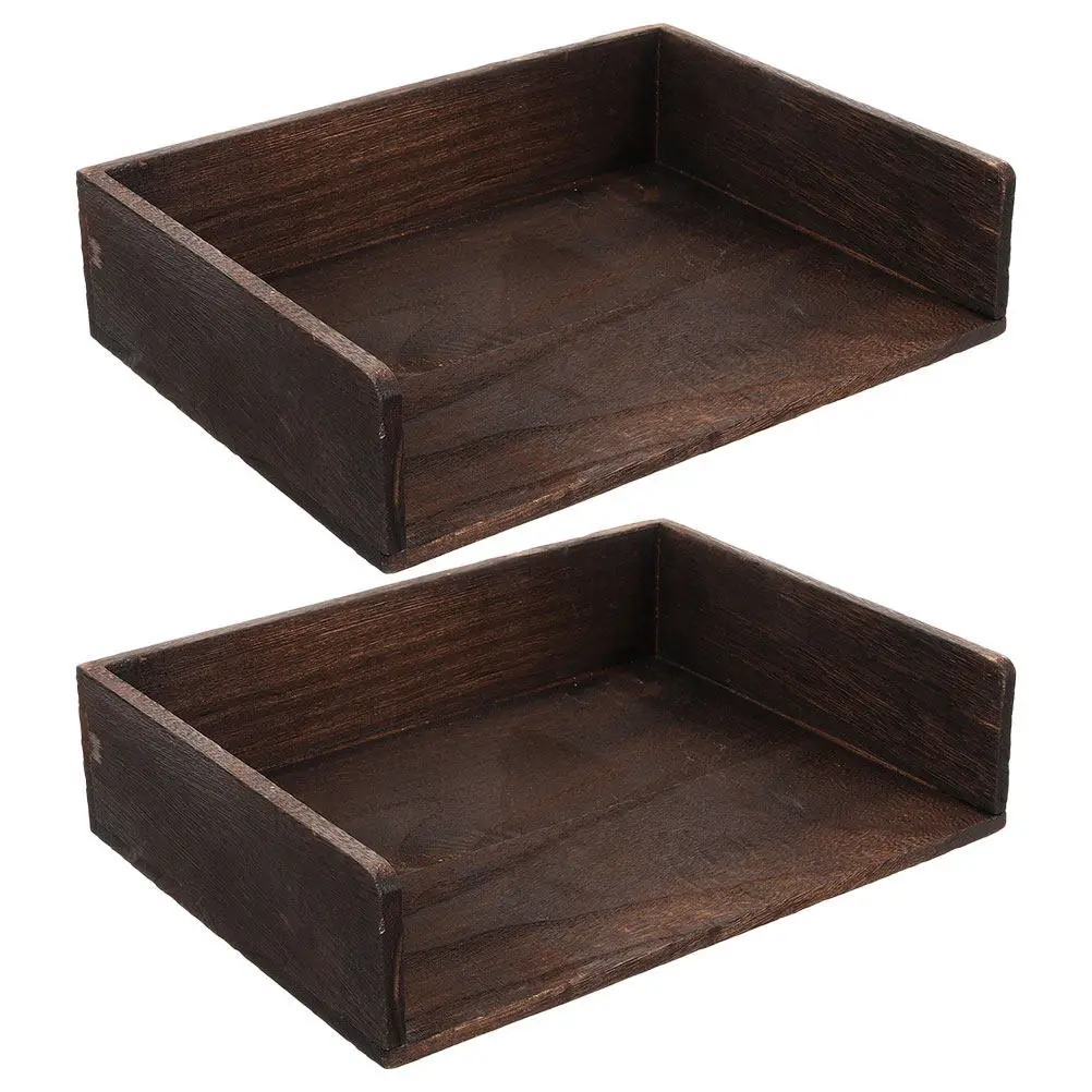 2Pcs Retro Wooden Desk Organizer Dual Layer Desktop File Tray for Papers Documents Letters Office Home Workspace Stylish Natural