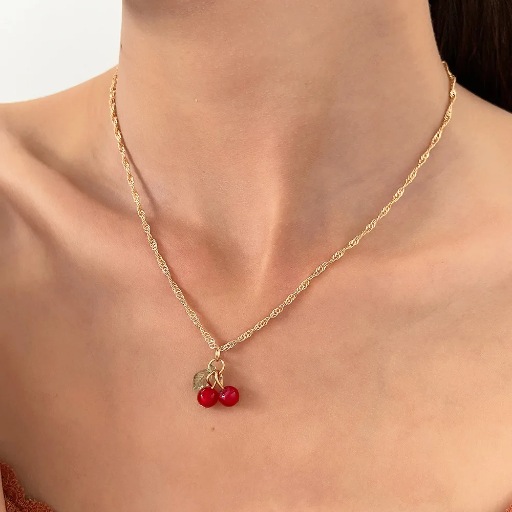 Exquisite Cherry Red Necklace And Earring Set For Women Fashionable Personalized Daily Accessory Party Jewelry Birthday Gifts