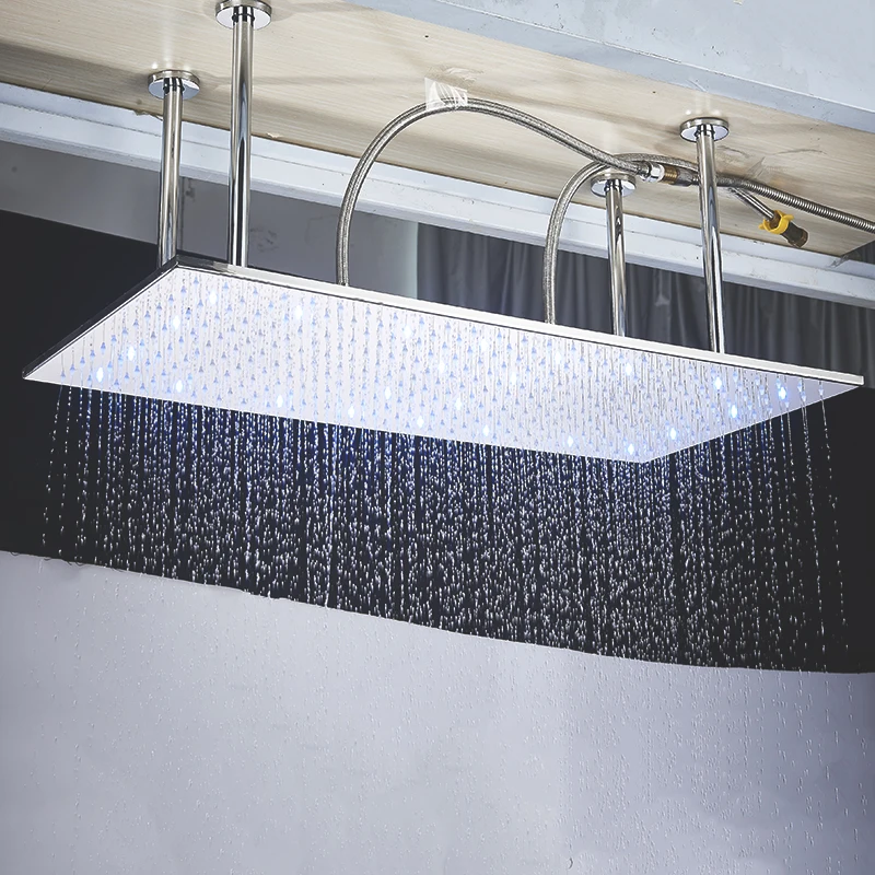 Large 40*80cm Square Rainfall Shower Head LED Light Chrome Stainless Steel Bathroom Sprayer