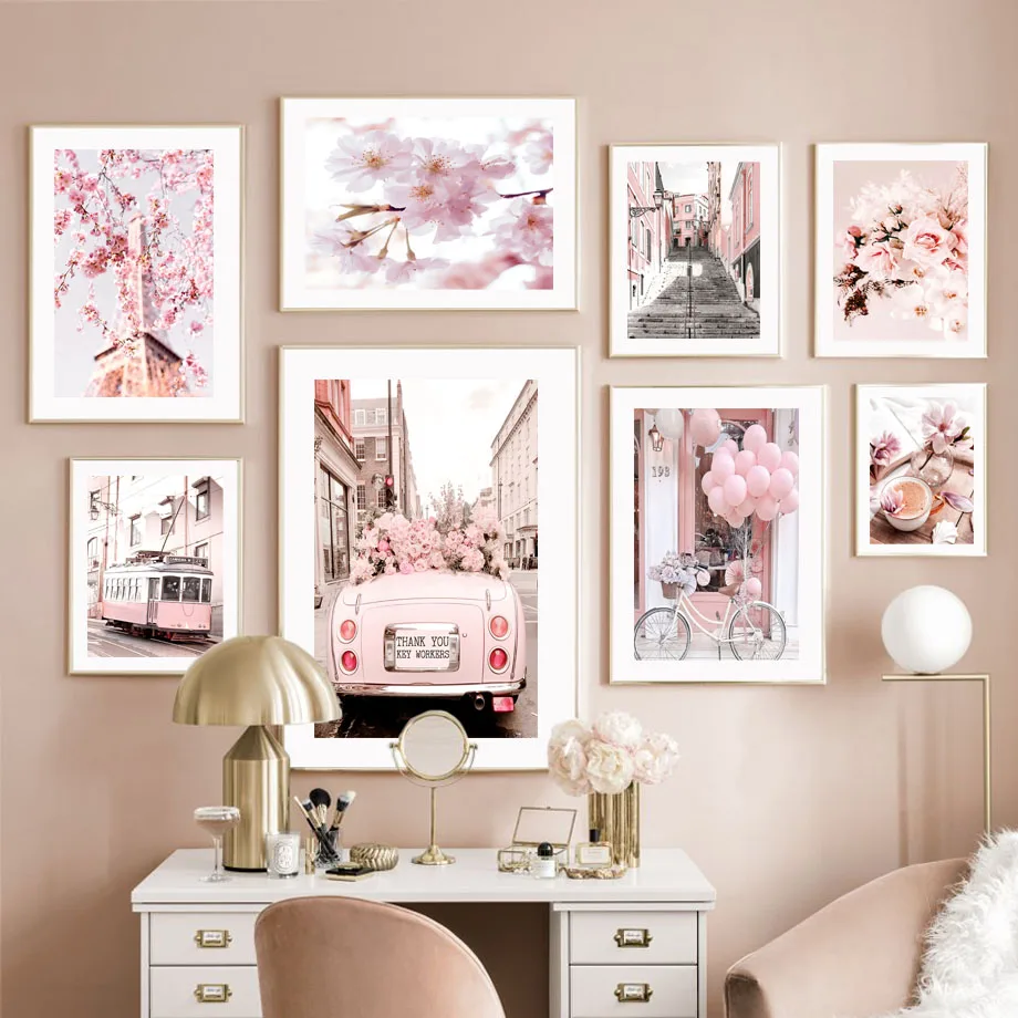 

Paris Tower Cherry Blossom Bus Balloon Street Scenery Canvas Painting Nordic Posters And Prints Wall Picture Livingroom Decor