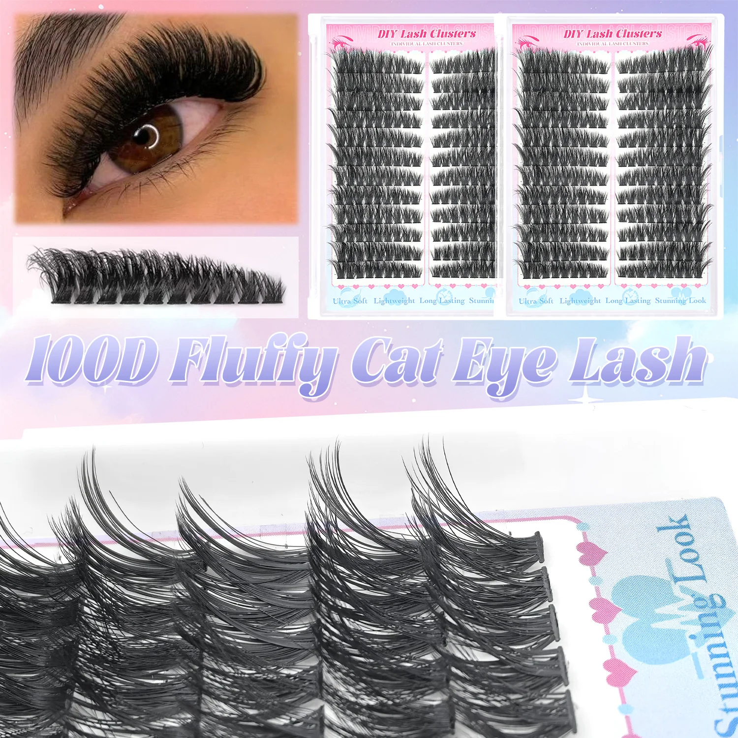 1724 pcs Lash Clusters Kit D Curl 8 Styles Lashes Clusters Kit with Bond&Seal Applicator set and Lash Tape DIY Eyelash Extension
