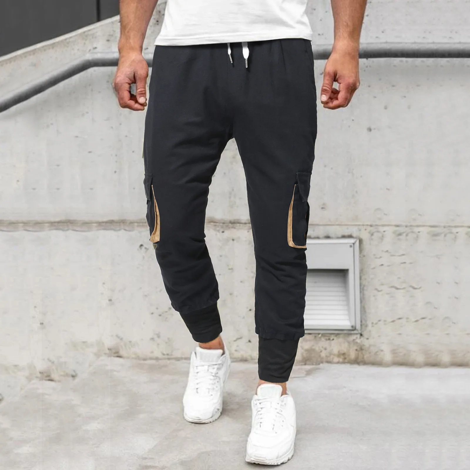 

Men's Casual Pants Solid Full Length Jogging Leggings Sweatpants Splice Pocket Drawstring Tracksuit Pants Streetwear Trousers