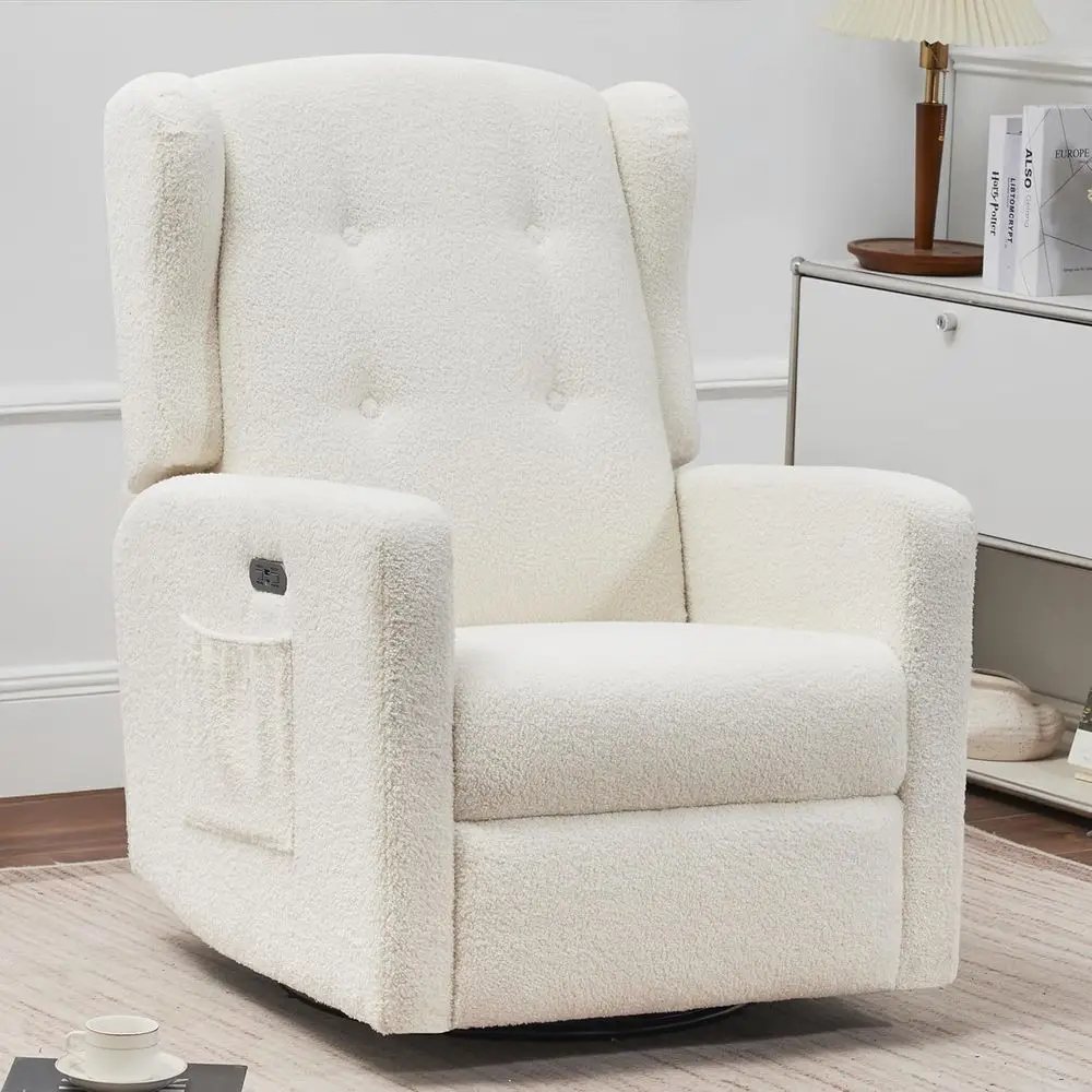 

Upholstered High Back Electric Rocking Recliner Chair with USB & Type-C Ports, Teddy Beige