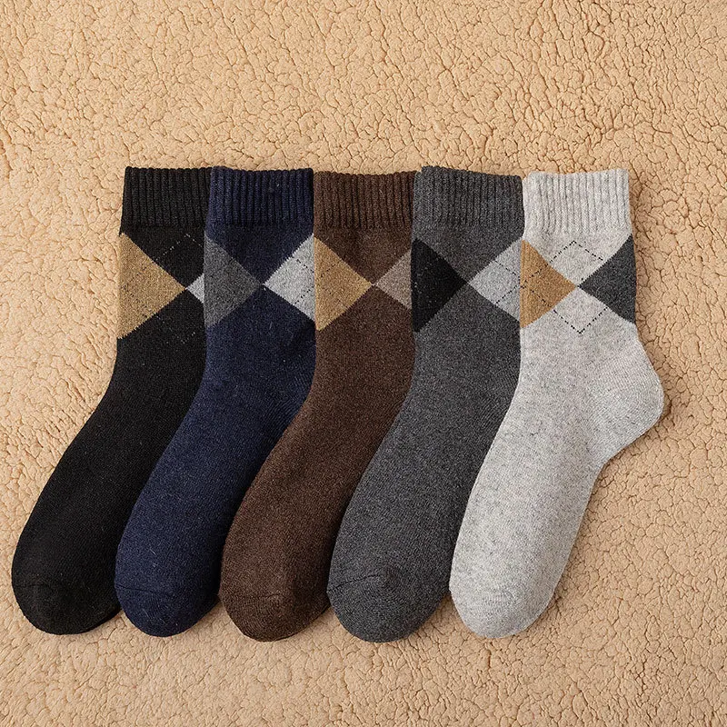 Men's Thickened Warm Winter Comfortable Towel Casual Solid Color Diamond-shaped Mid-tube Socks Cotton Men Thermal Wool INS Sock