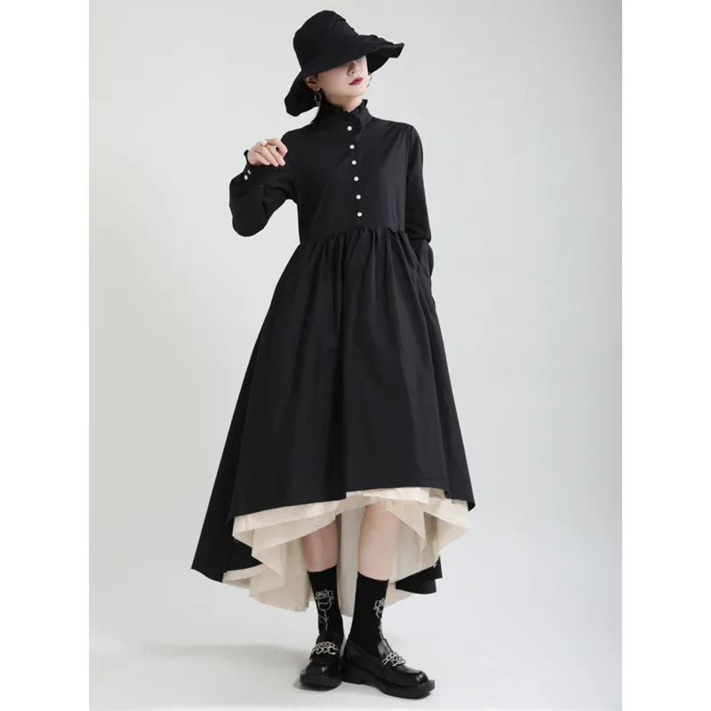 HUISONG Frauen Schwarz Schichten Unregelmäßige Lange Elegante Kleid Neue Stehkragen Langarm Mode Flut Frühling Herbst 2025, yy8mqu