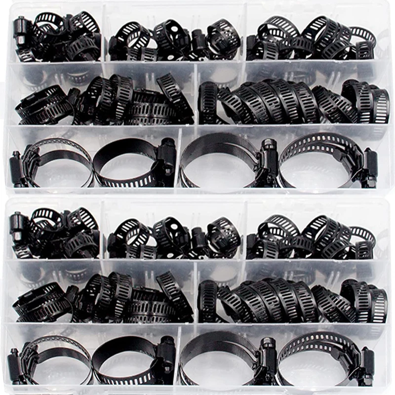 

60pcs 6-38mm Hose Clamps Stainless Steel Adjustable Range Worm Gear Black Pipe Clamps Kit Clamps for Woodworking Spring Clamp