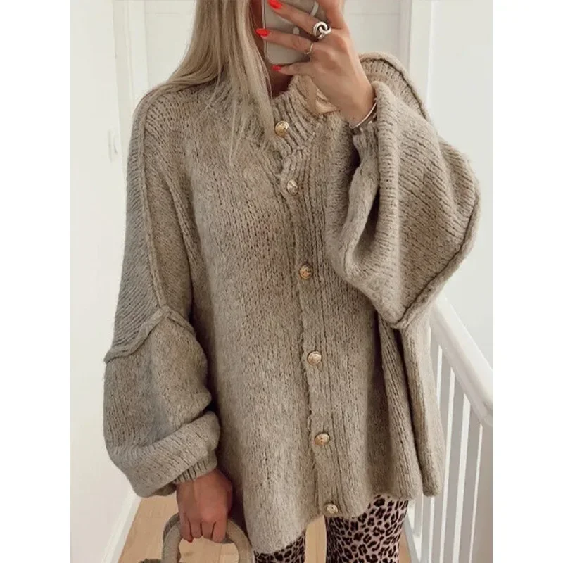 Spring Chic O-neck Cardigan Sweater Women 2024 Lantern Sleeve Oversized Warm Sweaters Female Elegant Loose Lady Street Knitwear