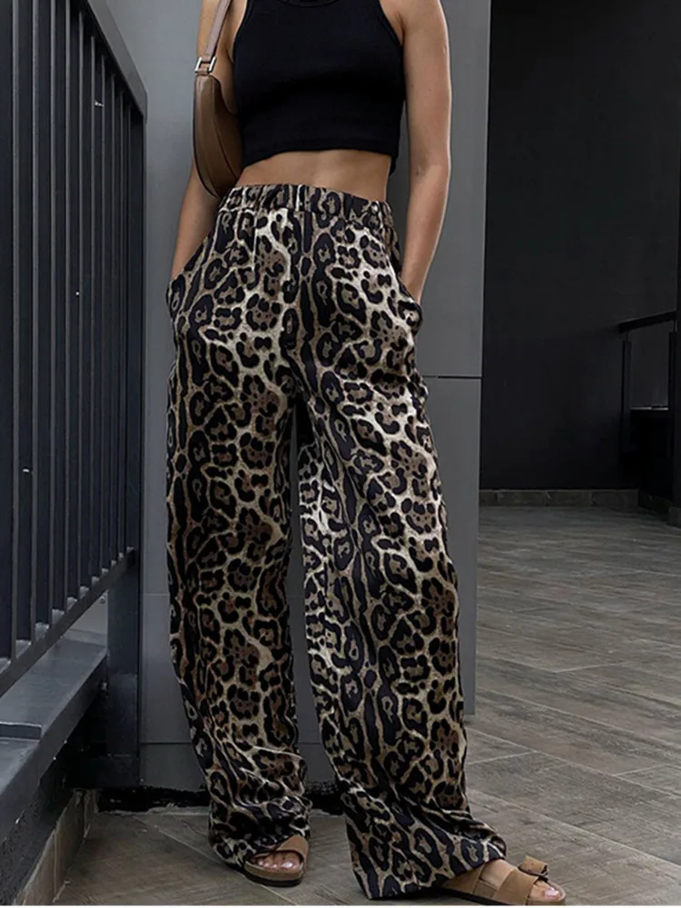 

BKLD Leopard Printed Streetwear Mid Waist Elastic Wide Leg Pants 2025 New Autumn Fashion Casual Trousers Clothes For Women