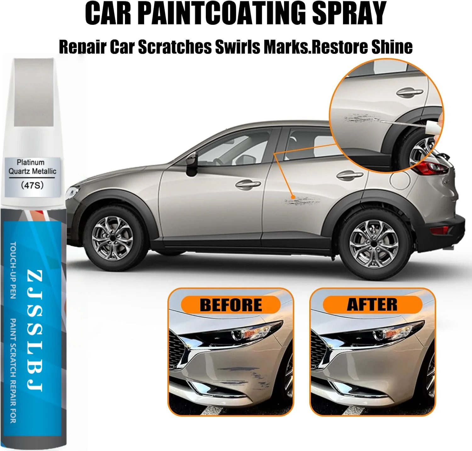 Touch Up Paint(47S Platinum Quartz Metallic) for Mazda, Car Paint Pen Scratch Repair Two-In-One Touch Up Paint, Premium Car Scra