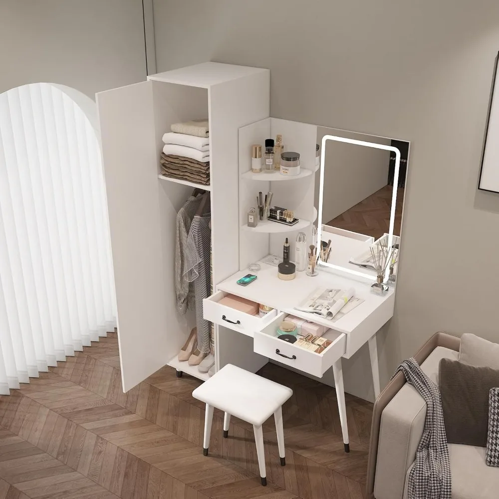 طاولة مكياج مضاءة مع محطة شحن ومكتب أبيض وخزانة ملابس صغيرة ودرجين