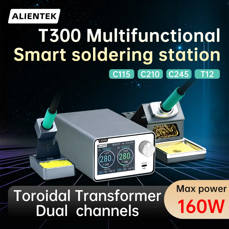 

Паяльная станция ALIENTEK T300 - 160 Вт, 80~500 ° C, двойная переработка, поддерживает ручки T12/210/245/115